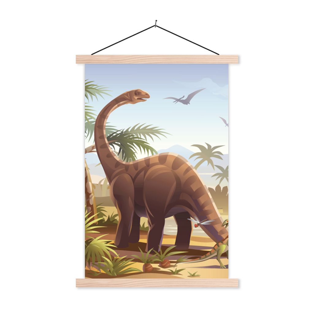 MuchoWow Textilposter Dinosaurier - Landschaft - Tropisch - Kinder - Jungen 120x180 cm mit holzfarbenen Rahmen - Textil-Plakat
