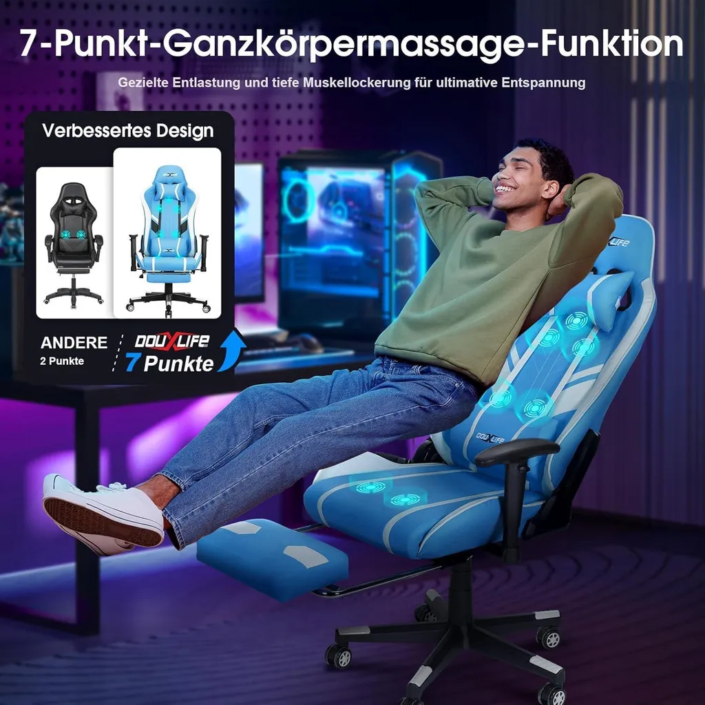 Chaise gaming massante 7 points et repose-pieds escamotable Bleu 180KG - 4