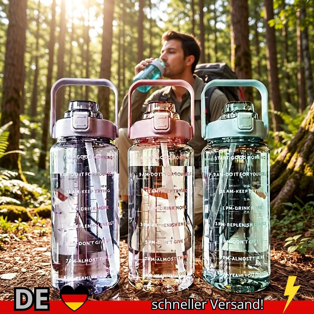 Trinkflasche 2L mit Strohhalm Kunststoff Tragbar