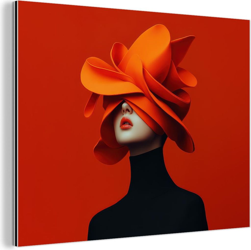 MuchoWow Wanddekoration Metall Metallbild Wandkunst 40x30 cm Orange - Hut - Frau MuchoWow Aluminium Gemälde - Dekoration Wohnzimmer