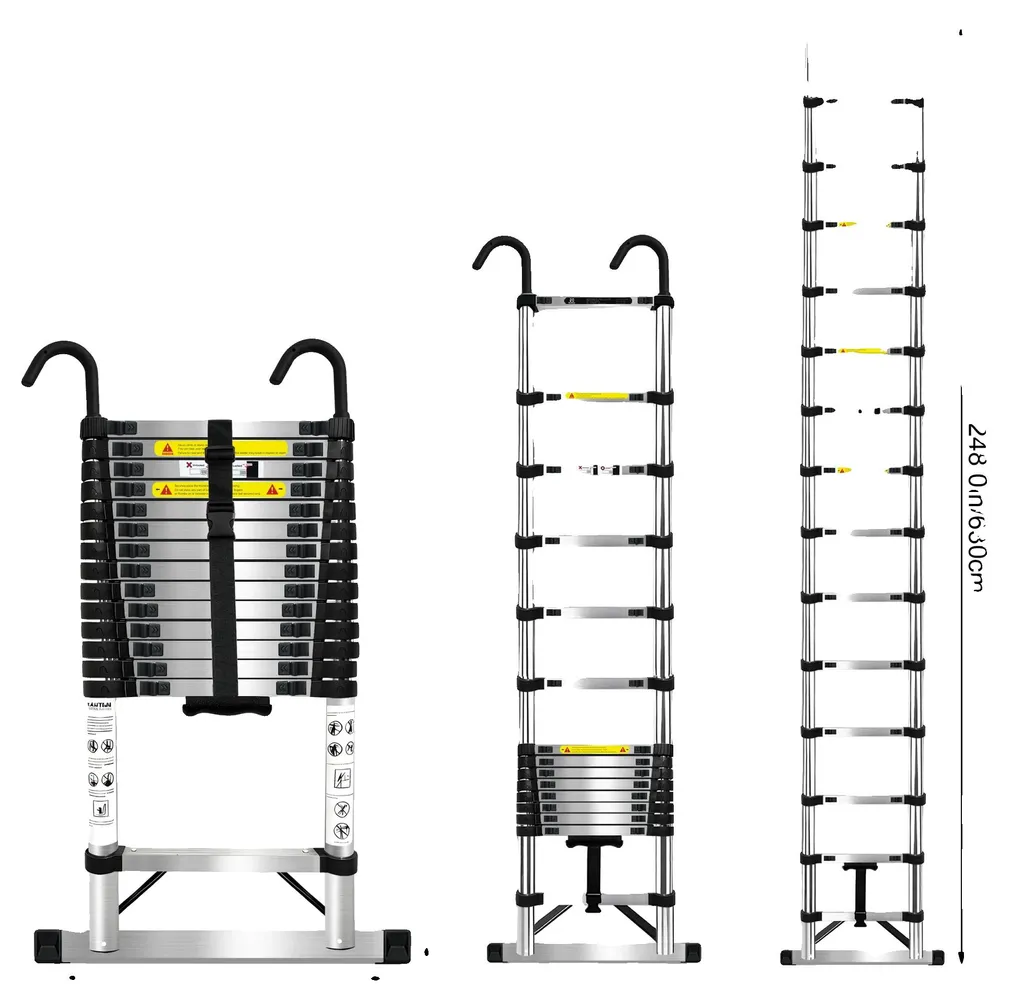 Échelle télescopique inox 6,3 m : design pliable et crochets stables