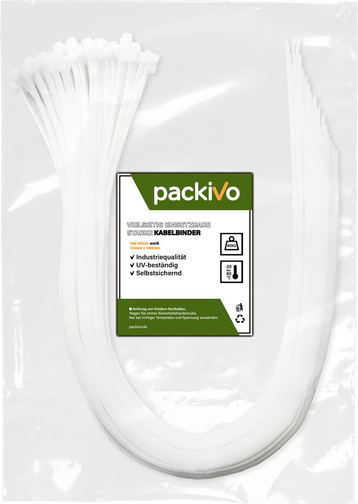 PACKIVO Profi Kabelbinder 7,6 x 500mm Weiss weiß schwarz Produktbild 