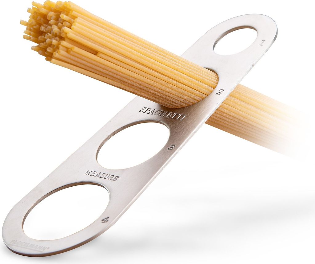 A spaghetti measuring tool with spaghetti noodles inserted into one of the holes.