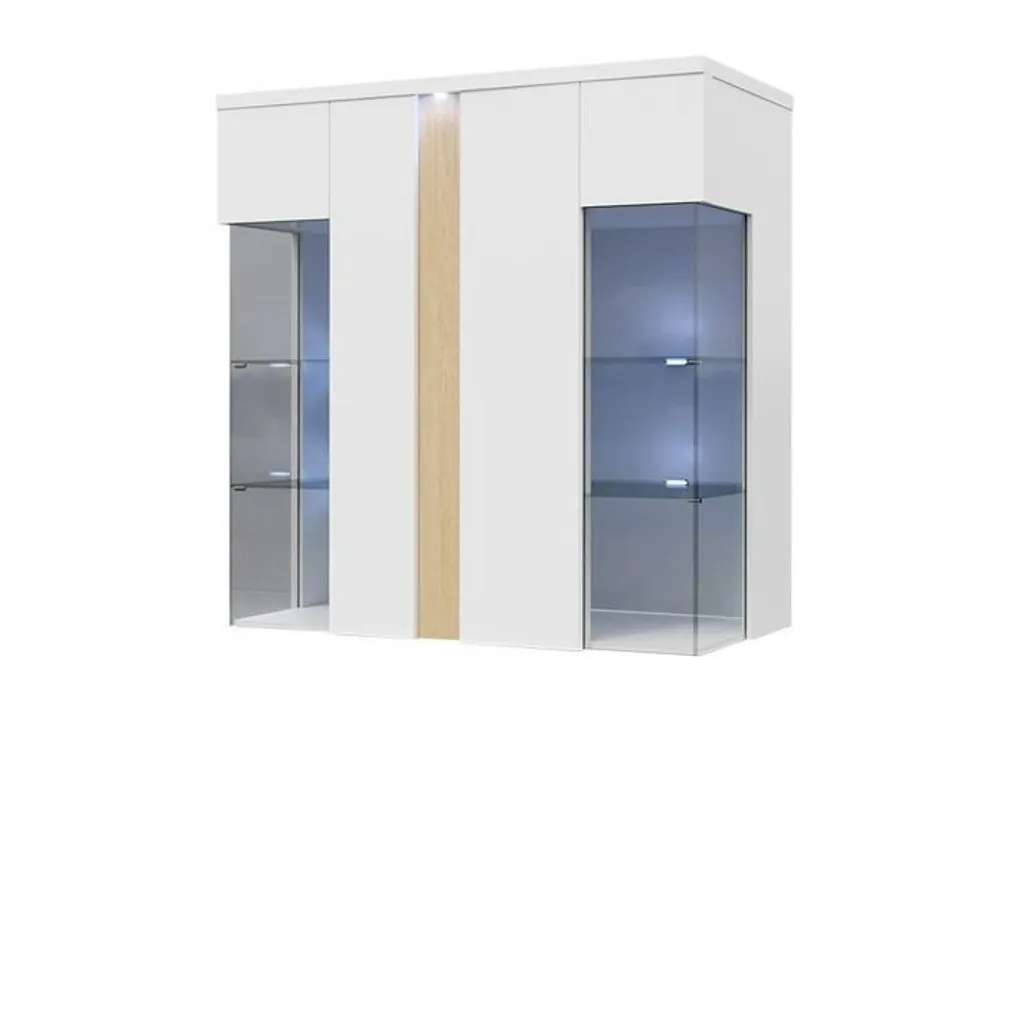 Vitrine LED BANTRY 4 suspendue en blanc brillant et placage naturel