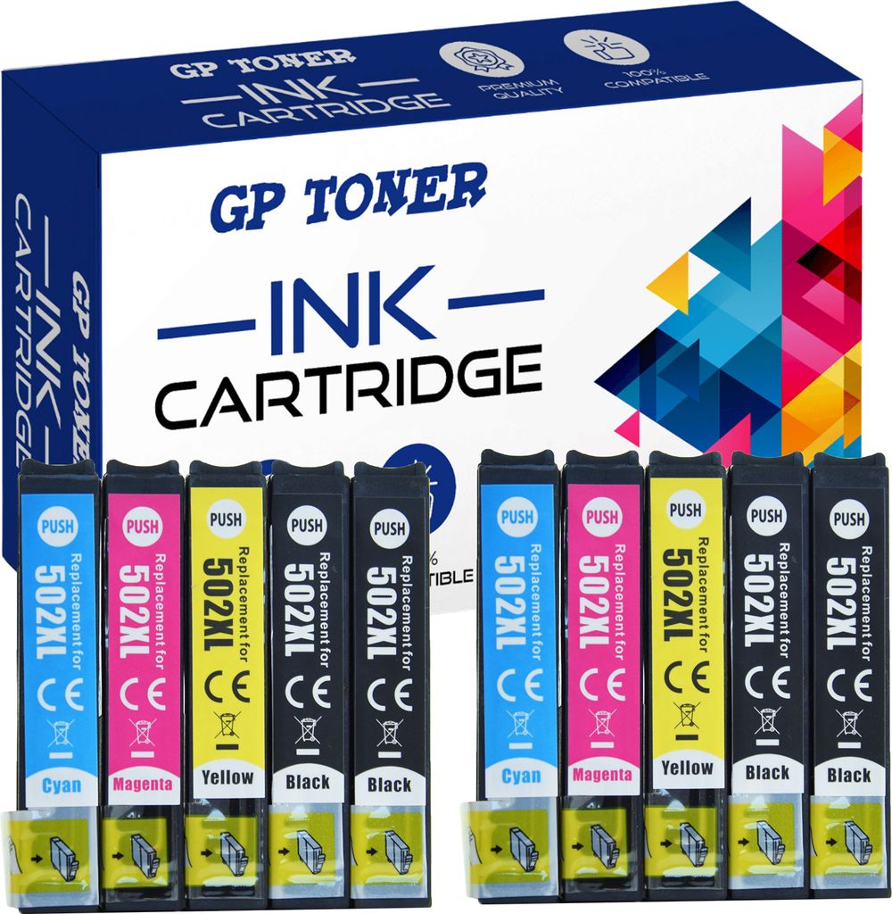 A box of ink cartridges with several cartridges lined up in front of it.