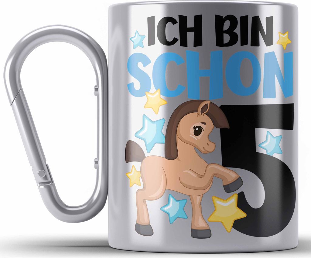 Trendation - 5. Geburtstag Mädchen Edelstahl Tasse Karabiner Pferde Reiterin 5er Geburtstag Tochter Geschenkidee Kindergeburtstag 5 Jahre Alt (Sil...
