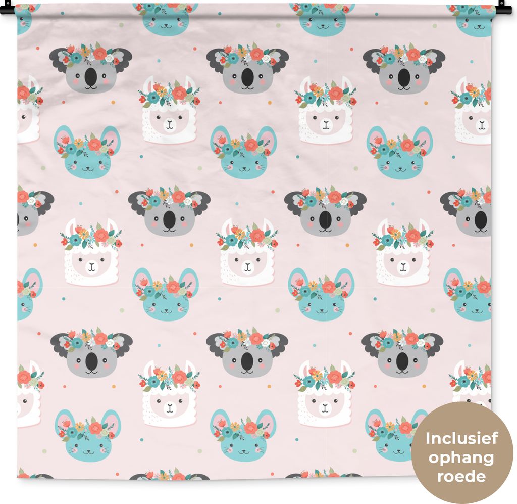 MuchoWow Wandteppich Wandbehang Lama - Koala - Blumen - Pastell 150x150 cm Tapisserie Dekoration Wandtuch - Wohnaccessoires - Modernes