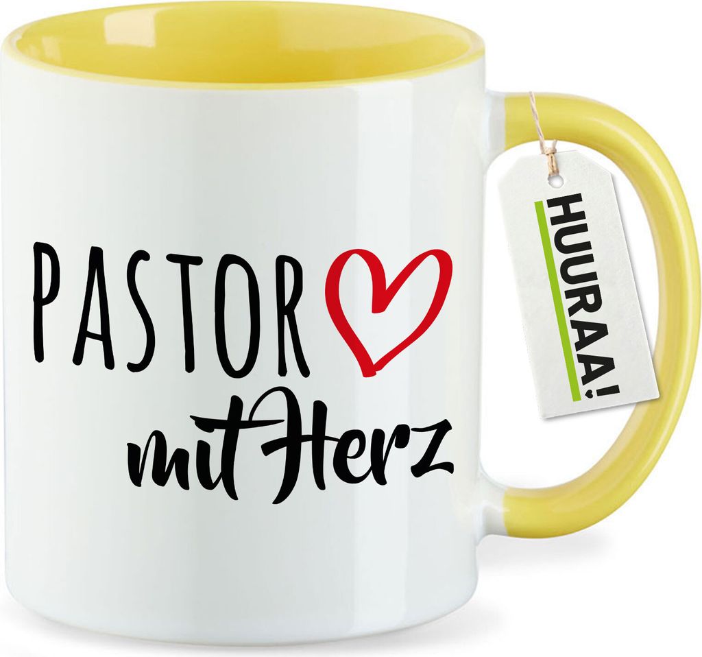 Huuraa Kaffeetasse Pastor mit Herz 330ml Gelb Keramik Kaffeebecher Geschenkidee