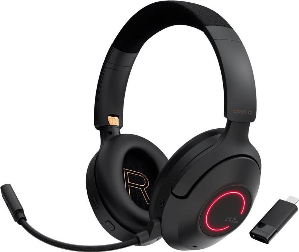 A pair of black wireless headphones with a detachable microphone and a USB-C dongle, set against a white background.