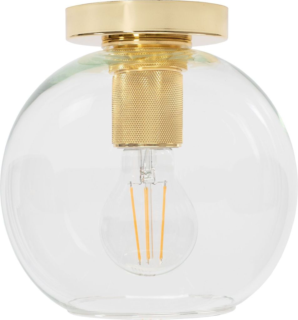 A close-up studio shot of a gold and glass ceiling lamp.