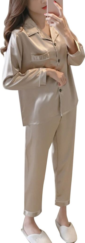 2Pcs Frauen Herbst einfarbig imitiert Seide Langarm Shirt Hose Pyjama Set||Beige||L