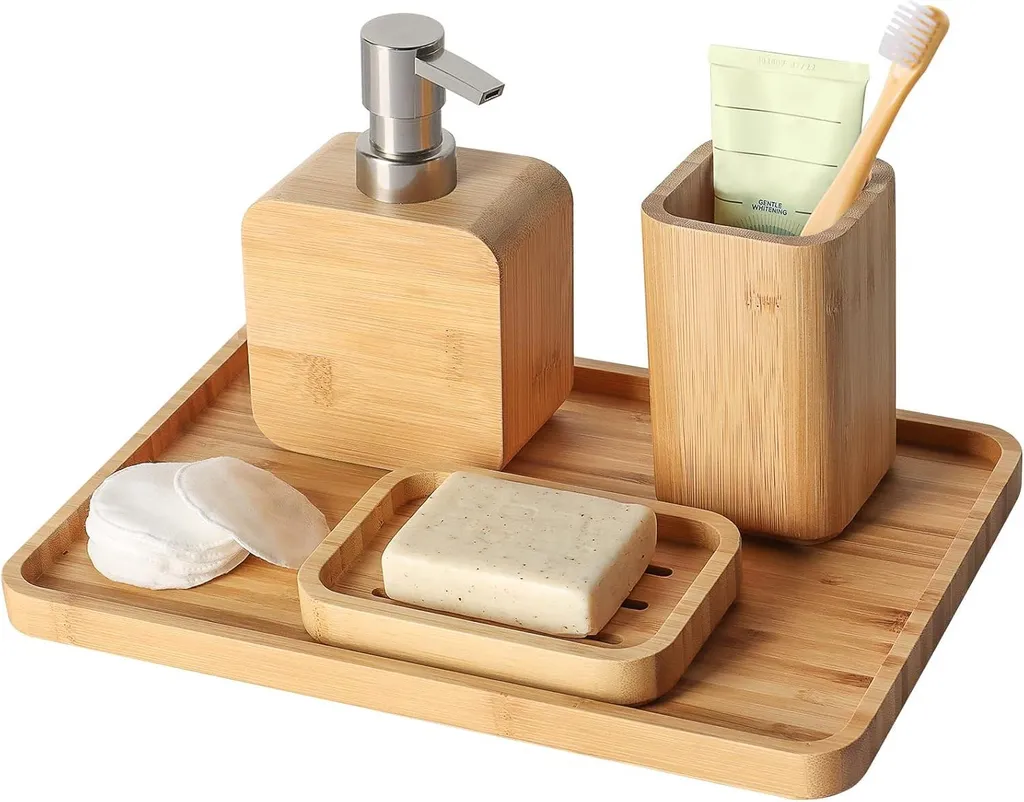 Accessoires de Salle de Bain en Bambou - Ensemble de Lavabo Design Rétro
