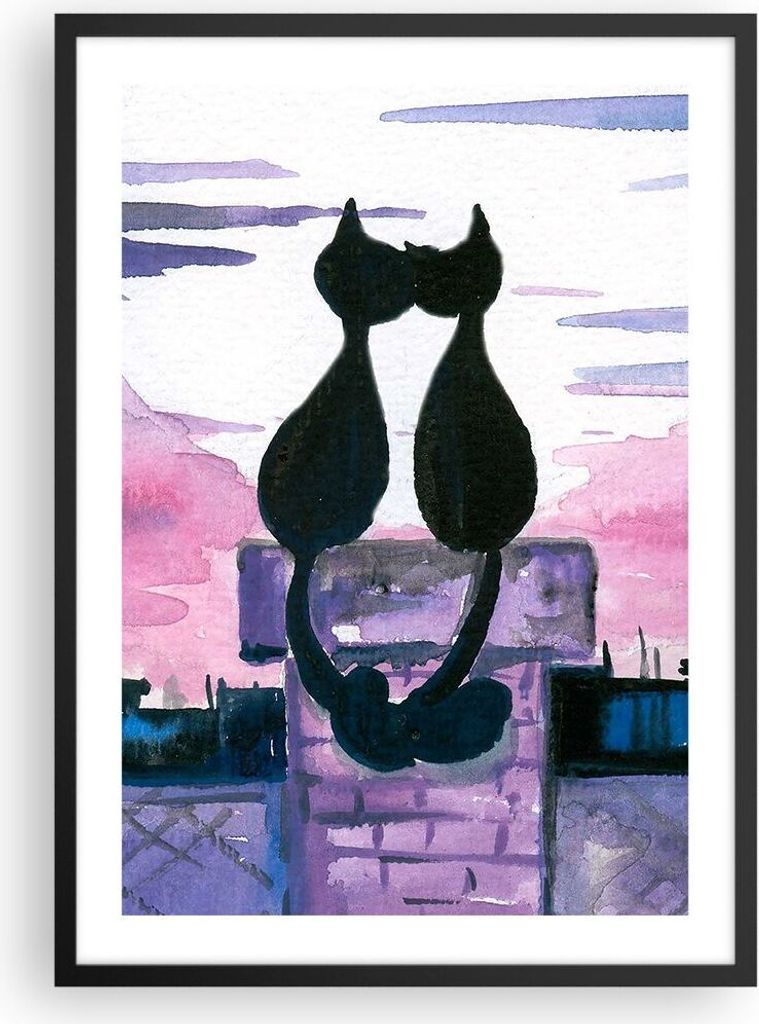 Gerahmtes Poster - Schwarzer Rahmen - Katzen Dach Liebe Tier - 50x70 cm - Wand Bild - Wanddeko - Wandbilder - Kunstposter - Wandposter - Bilderrahm...