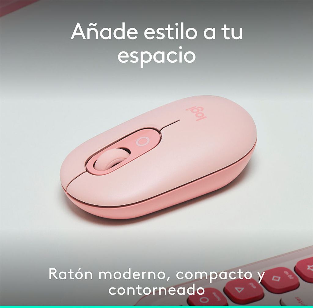 A pink Logitech POP mouse is shown on a light gray and white surface, with text overlays.