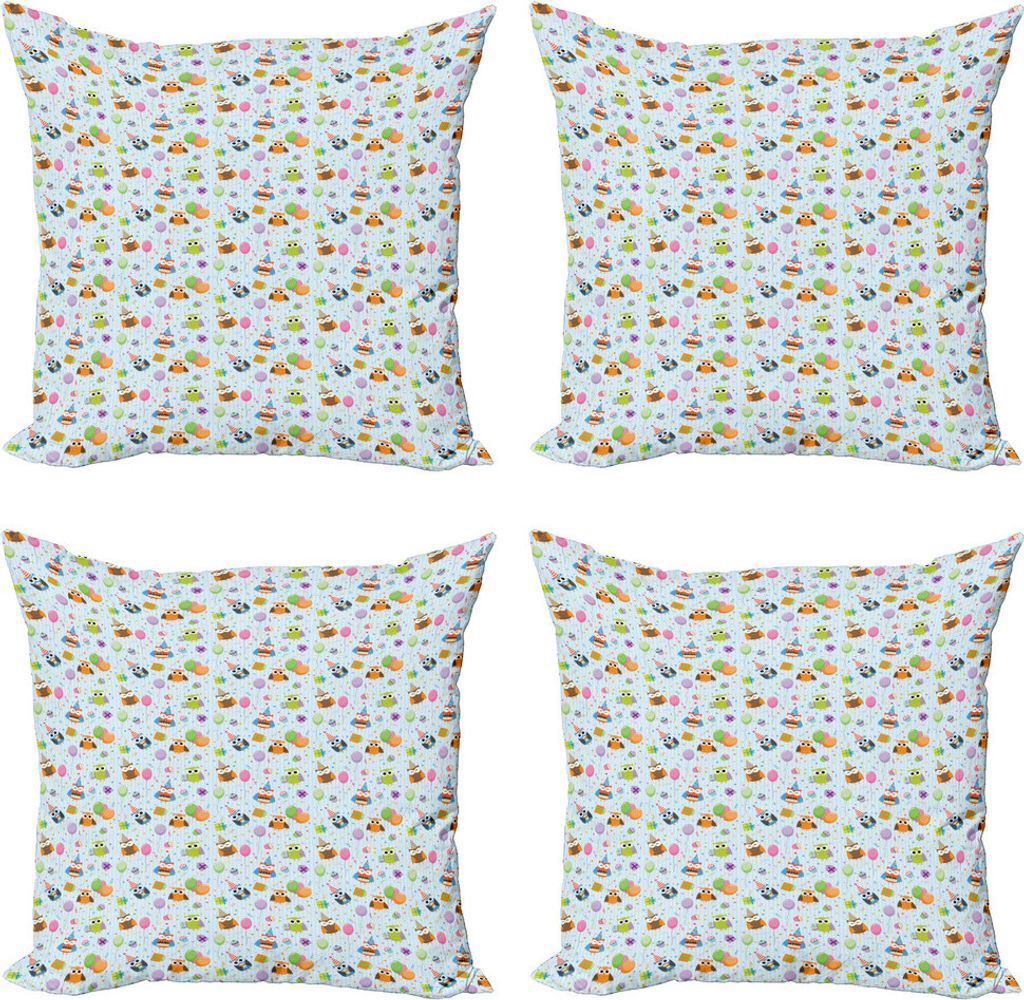ABAKUHAUS Geburtstag Kissenbezug Set (4 Stück), Eulen Cakes Geschenke, Moderner Doppelseitiger Digitaldruck, 40 cm x 40 cm, Mehrfarbig