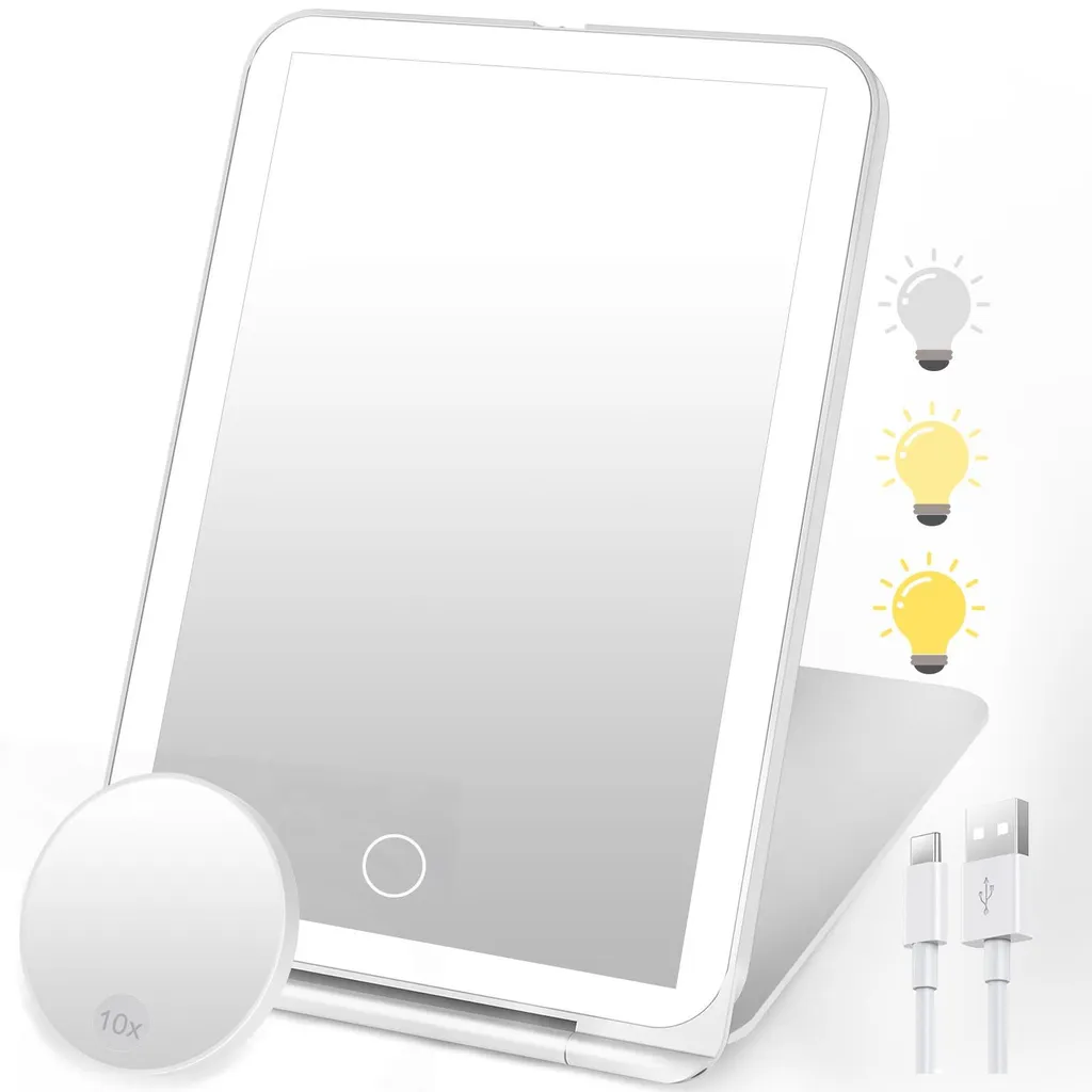 Miroir de maquillage voyage ultra-fin pliable avec éclairage LED