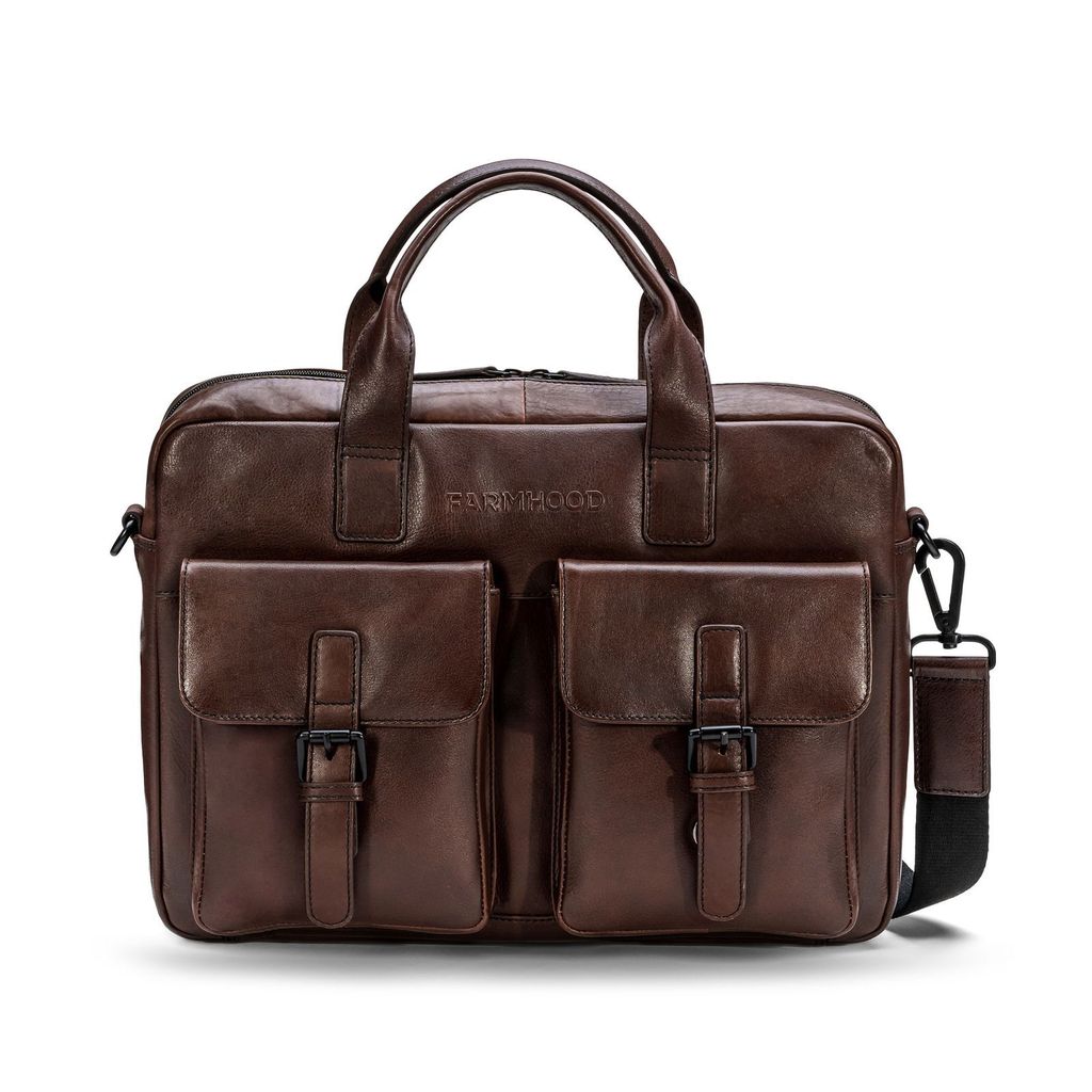 Farmhood Leder Businesstasche Umhängetasche mit Laptopfach Memphis Briefcase RV 1F Dark Brown dunkelbraun