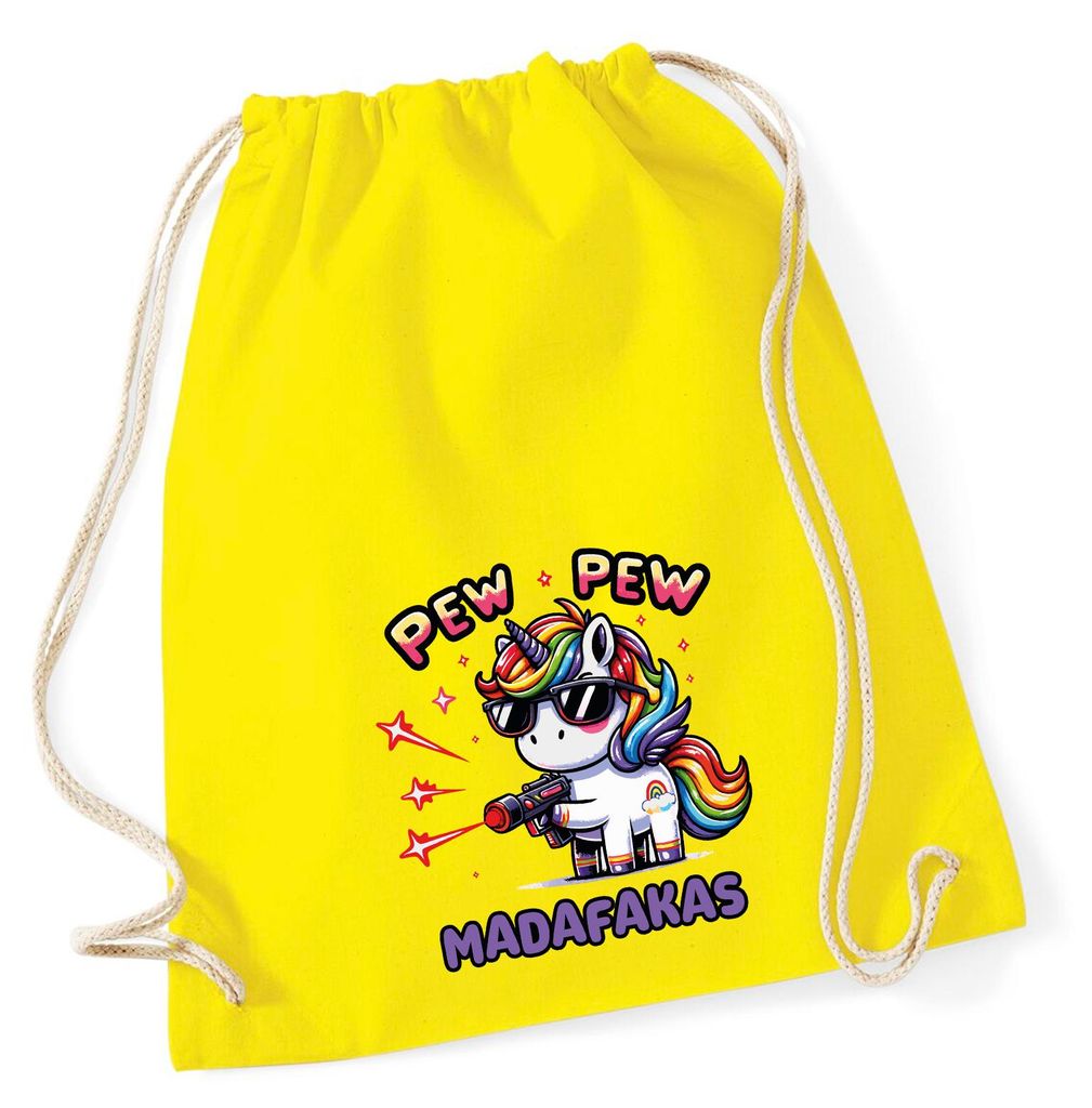 Huuraa Turnbeutel Pew Pew cooles Einhorn 12 Liter Yellow Baumwolle Rucksack Geschenkidee