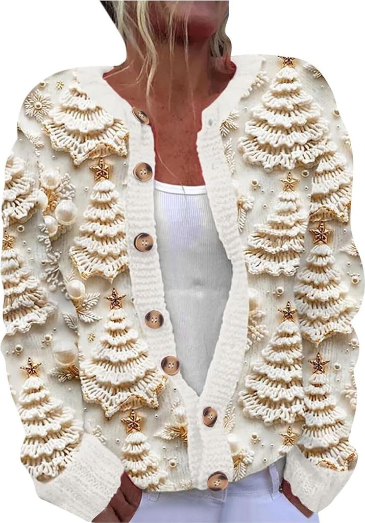 ASKSA Damen Weihnachts Strickjacke Weihnachtsjacke Weihnachten Cardigan Reindeer Weihnachtsmann Weihnachtspullover Sweat,E-Weiss,XL