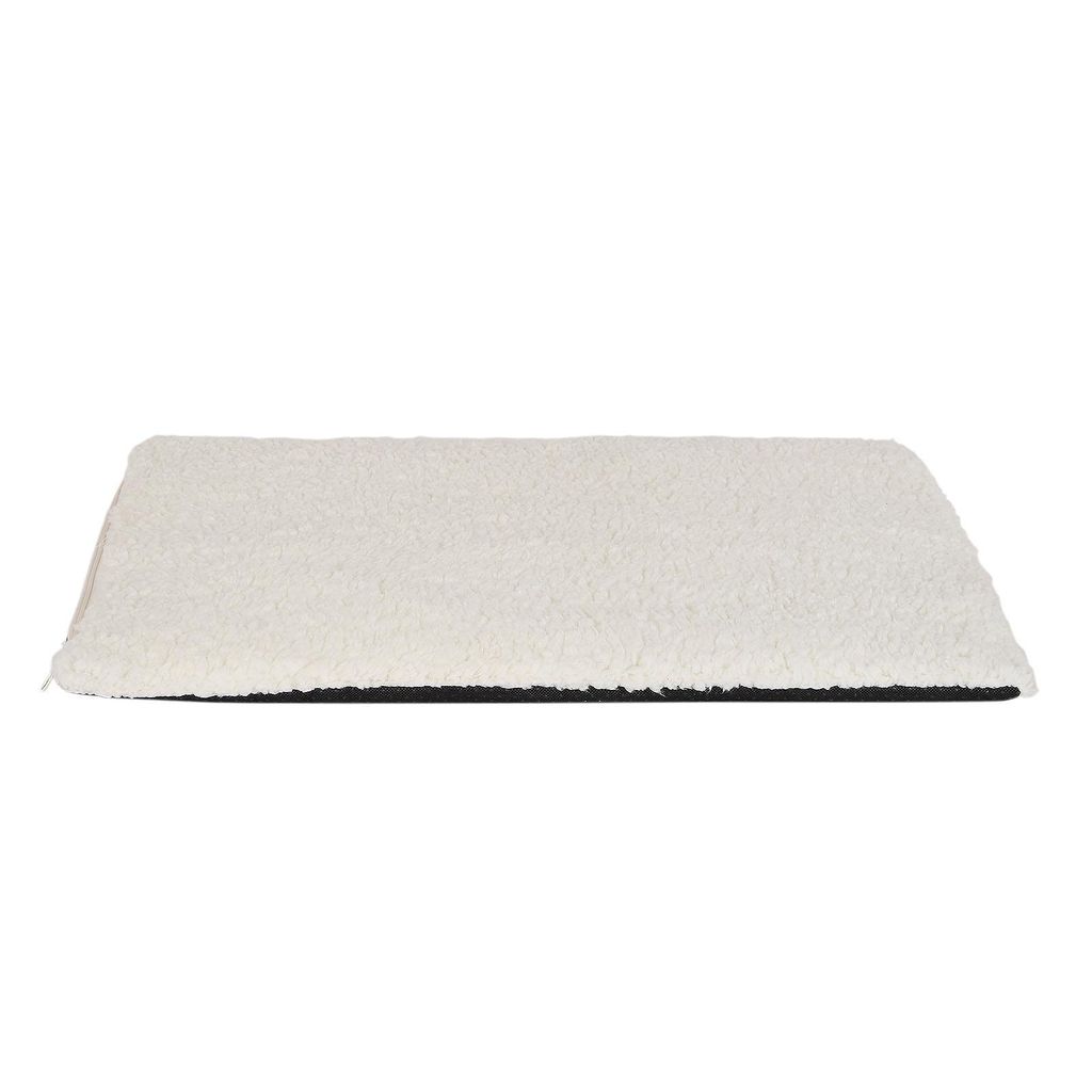 A white, textured pet blanket with a black underside, presented on a white background.