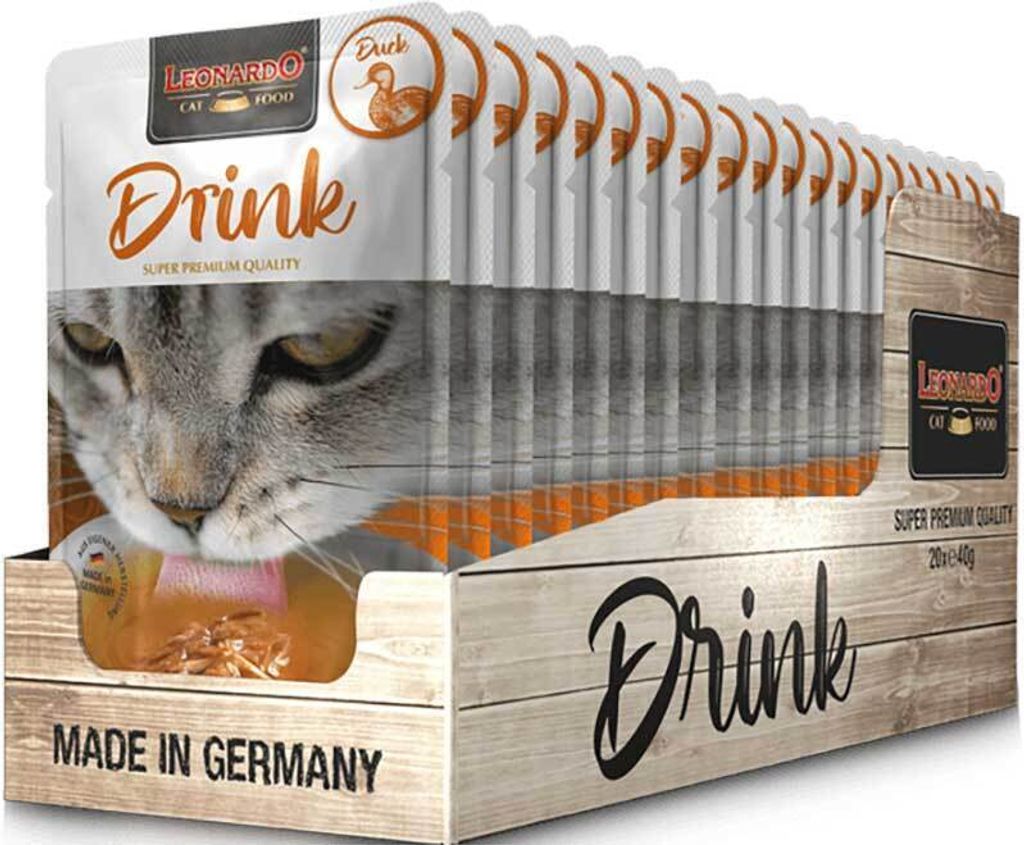 LEONARDO Katzendrink Ente, 20x40g – Flüssigkeitsaufnahme & Produktbild 