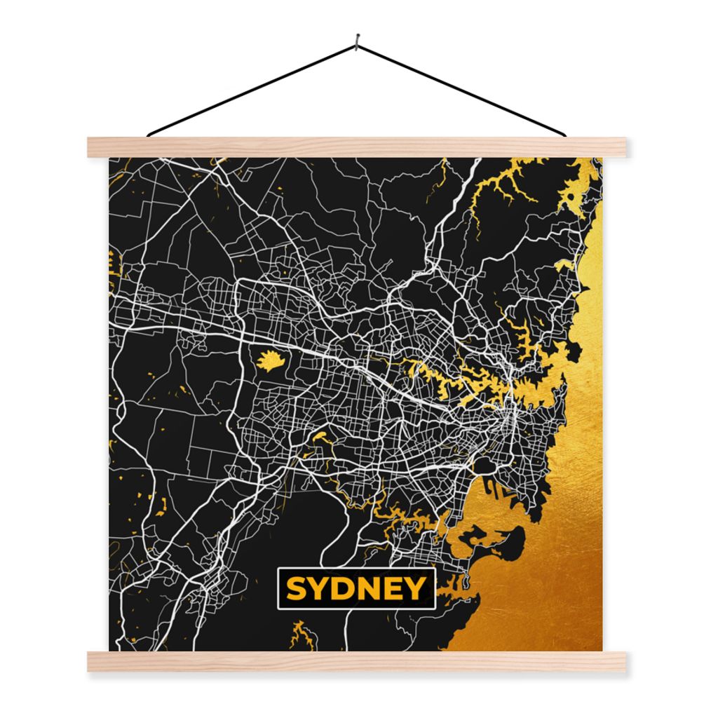 MuchoWow Textilposter Sydney - Gold - Karte - Stadtplan 40x40 cm mit holzfarbenen Rahmen - Posterleiste