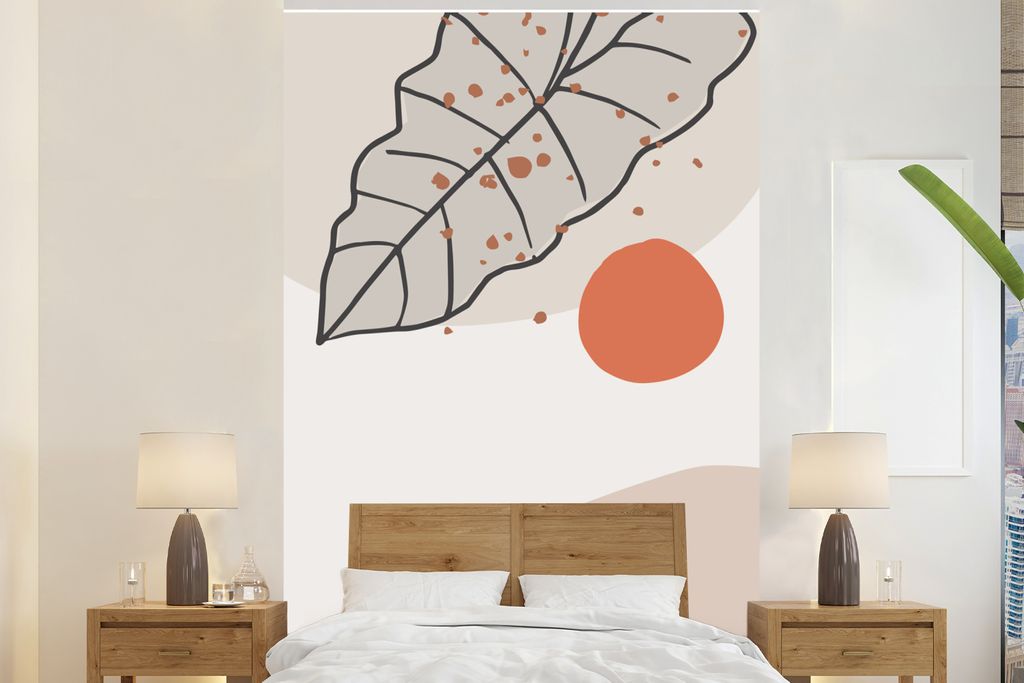 MuchoWow Fototapete für Wohnzimmer oder Schlafzimmer Wandtapete Vinyl Motivtapete Sommer - Laub - Weiß - Orange - 160x240 cm - Vinyltapete
