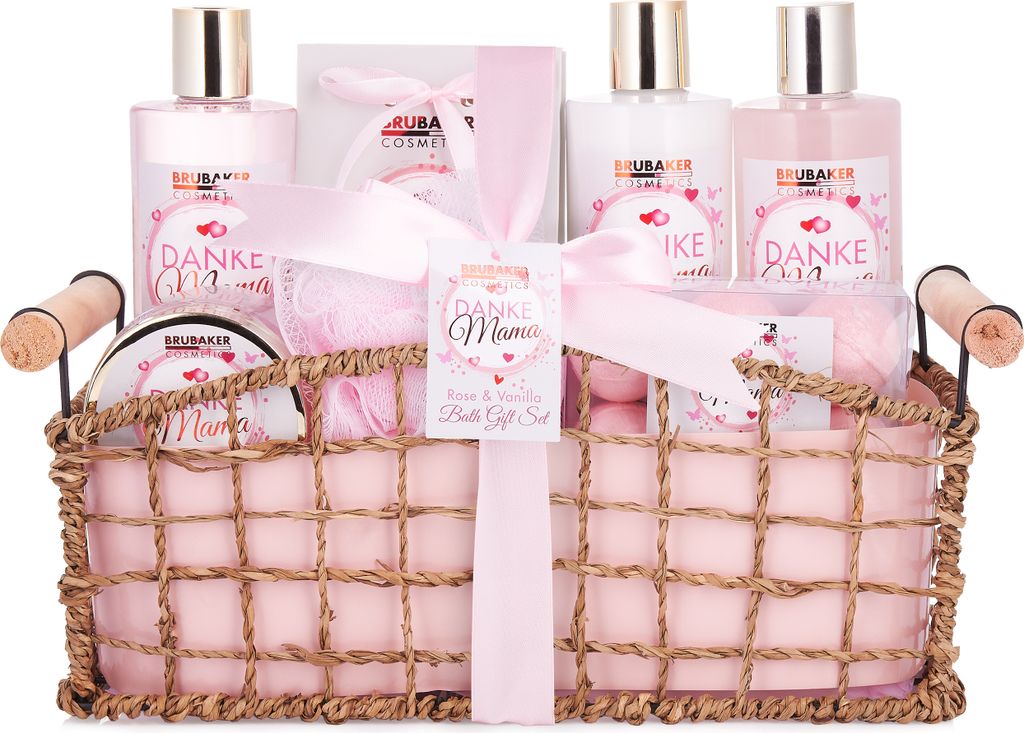 BRUBAKER Cosmetics - Danke Mama - 13-teiliges XXL Muttertags Bade- und Dusch Set - Rosen Vanille Duft - Geschenkset in dekorativem Korb