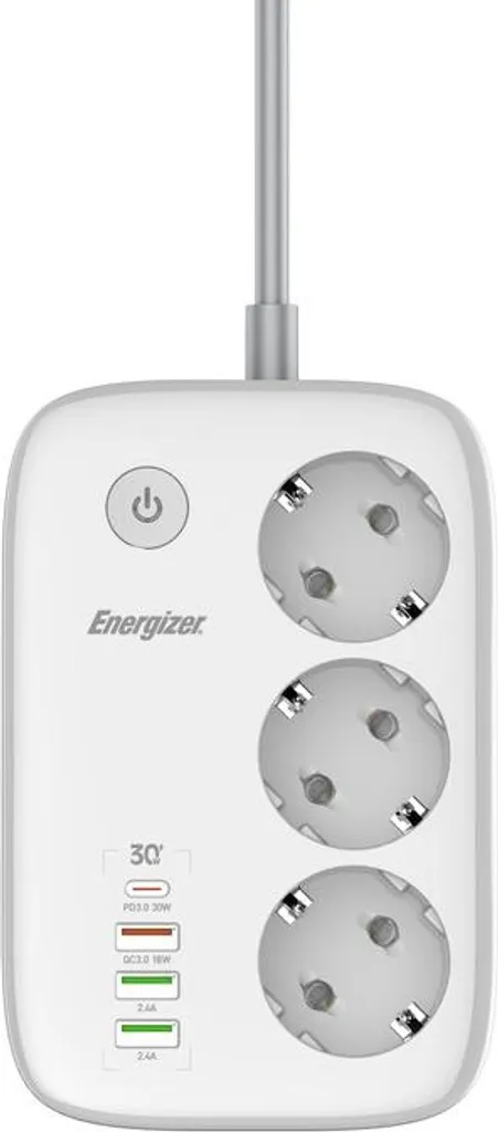 Multiprise 3 prises AC Energizer 2m blanc 250V pour branchement intérieur