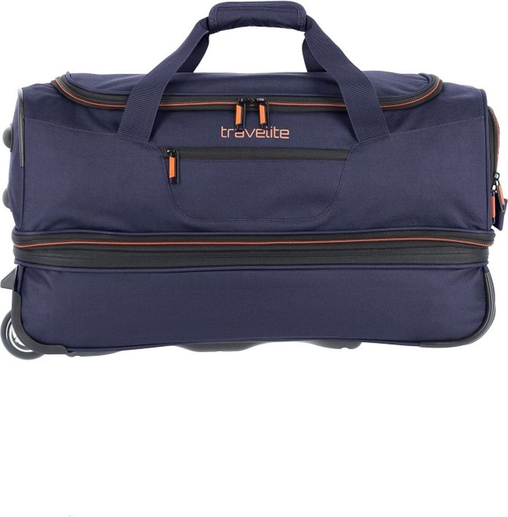 A navy blue duffel bag with orange accents and wheels, shown from the front.