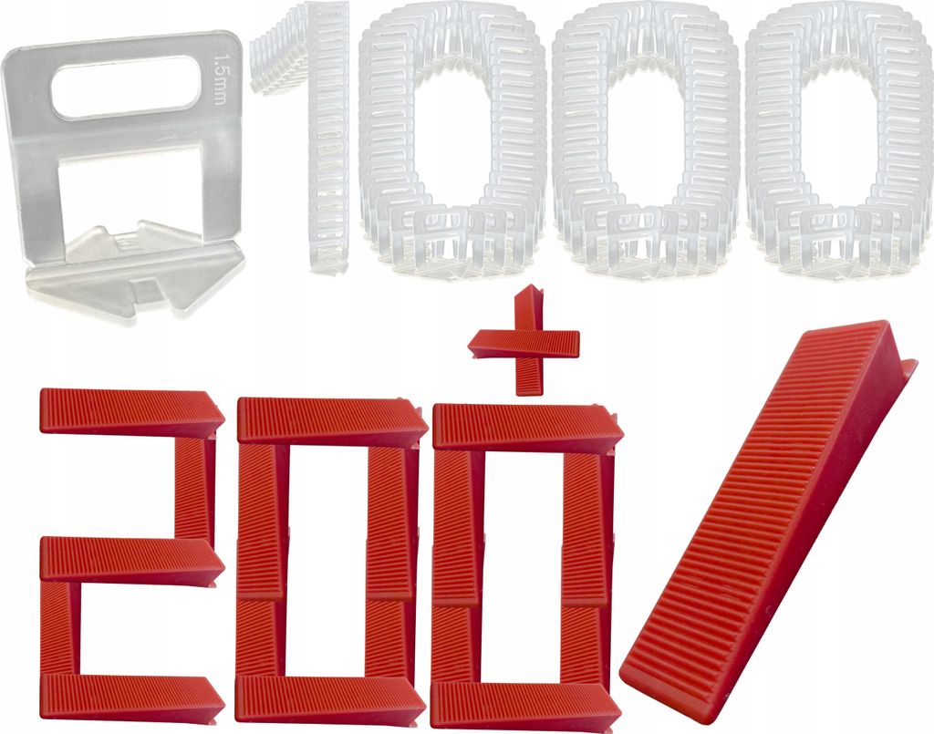 A collection of tile leveling tools, including clips and wedges, arranged to form numbers.