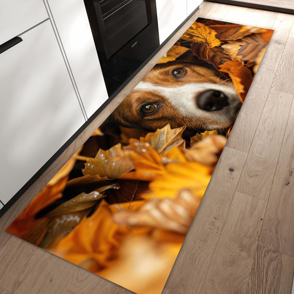 Küchenteppich 60x90cm rutschfest & abwischbar PVC Läufer - Hund im Herbstlaub