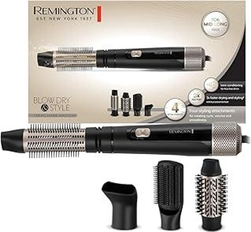 Spazzola ad aria calda Remington [incl. 4 accessori: spazzola rotonda da 38 mm e 50 mm, beccuccio per lo styling, spazzola piatta] Blow Dry&Style (ricci, volume e acconciature dritte per capelli di media lunghezza) con trattamento ionico, impostazione cool-down, 1000W, AS7500 - 1