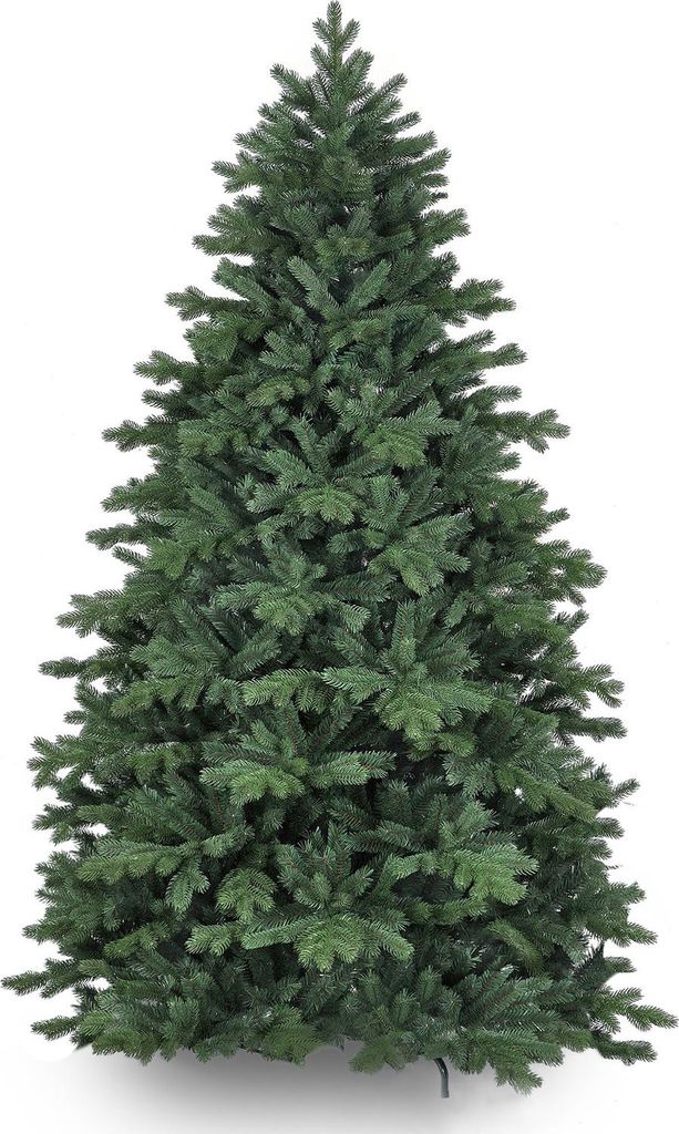 A full shot of a green artificial Christmas tree on a white background.