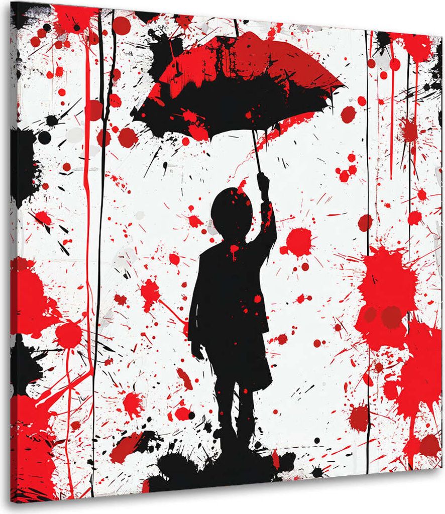 Abstrakt Kind mit rotem Regenschirm Leinwandbild Wandbild Kunstdruck Wanddeko: 80x80x2cm