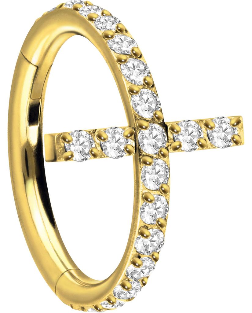 Ohrpiercing, Nasenpiercing, Septum Piercing Titan Segmentring Clicker EINGEFASSTES KRISTALLKREUZ Gold Innendurchmesser: 10 mm