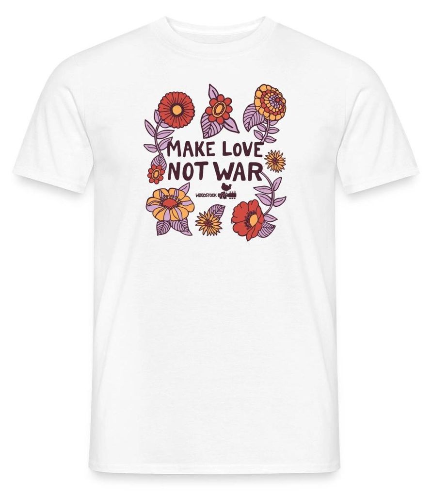 Spreadshirt Woodstock Make Love Not War Mit Blumen Rahmen Männer T-Shirt, M, Weiß