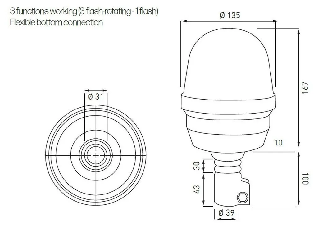 Gyrophare LED 12/24V orange 3 modes d'éclairage et dôme en verre lisse - 2