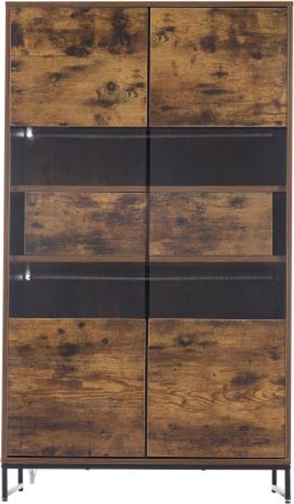 Vitrine Schwarz + Holzmaserung 80x40x138cm LED-Beleuchtung Standvitrine 2 Schubladen Stauraumvitrine Acrylblende Highboard Weinschrank Buecherregal