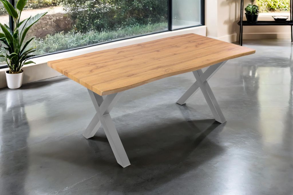 Esstisch Josy | 180 x 90 cm | Holz Wildeiche-Optik | X-Gestell Metall Silber | 40 mm Tischplatte mit Baumkante | Tisch für Esszimmer & Küche
