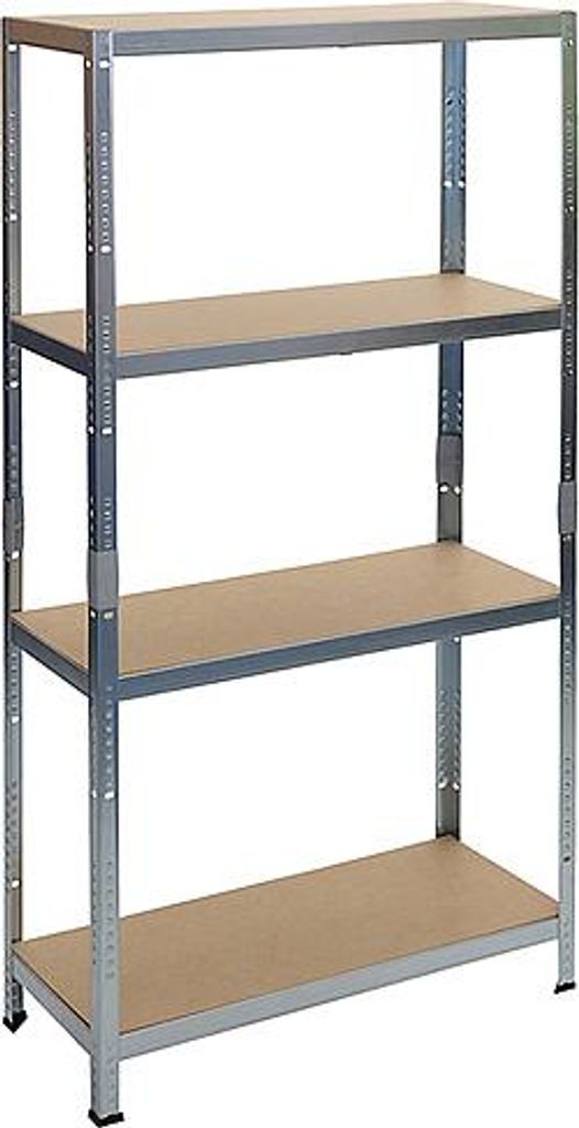 A four-shelf metal storage rack with MDF shelves against a white background.
