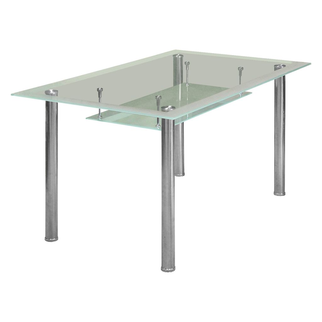 A glass-top dining table with brushed stainless steel legs, shown against a white background.