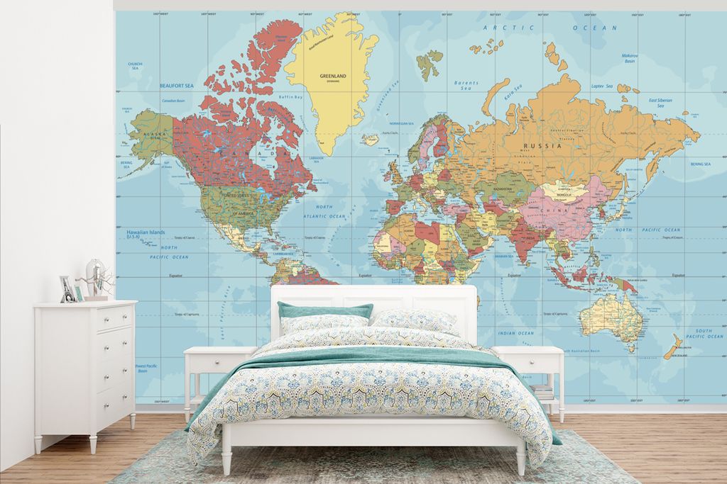 MuchoWow Fototapete für Wohnzimmer oder Schlafzimmer Wandtapete Vinyl Motivtapete Karte - Welt - Farben - 345x220 cm - Wohnzimmertapete