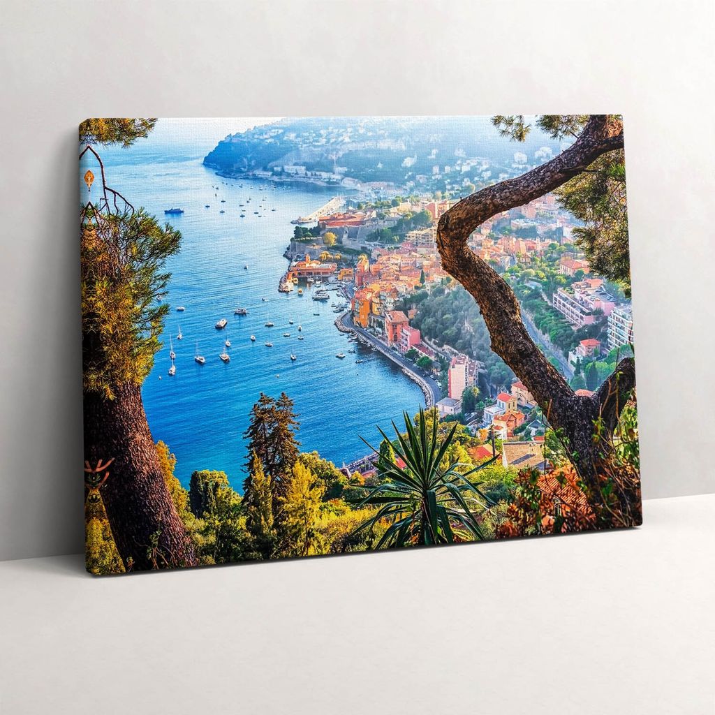 Das Dorf Villefranche-sur-Mer – Leinwandbild Wandbild – 80x60 cm – Leinwandbilder – Wandbilder – Schlafzimmer – Flur