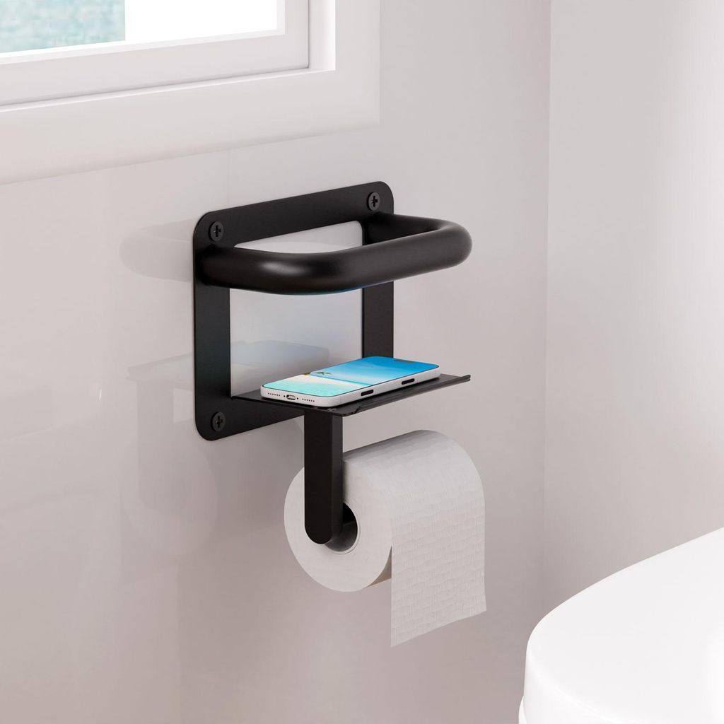 Toilettenpapierhalter mit Haltegriff, Edelstahl Klopapierhalter mit Ablage, 3-in-1-Wandhalter Rollenhalter für Bad Küche