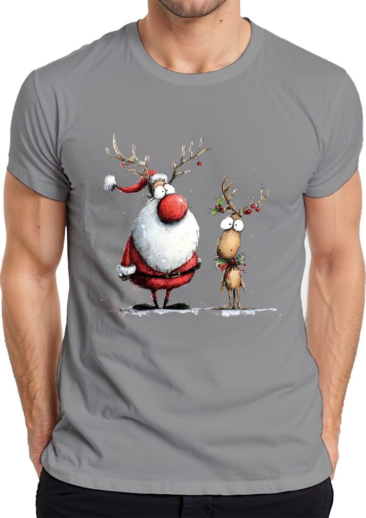 Weihnachtsmann Rentier Lustig Weihnachten Geschenk Retro Cartoon Herren T-Shirt, Grau, S