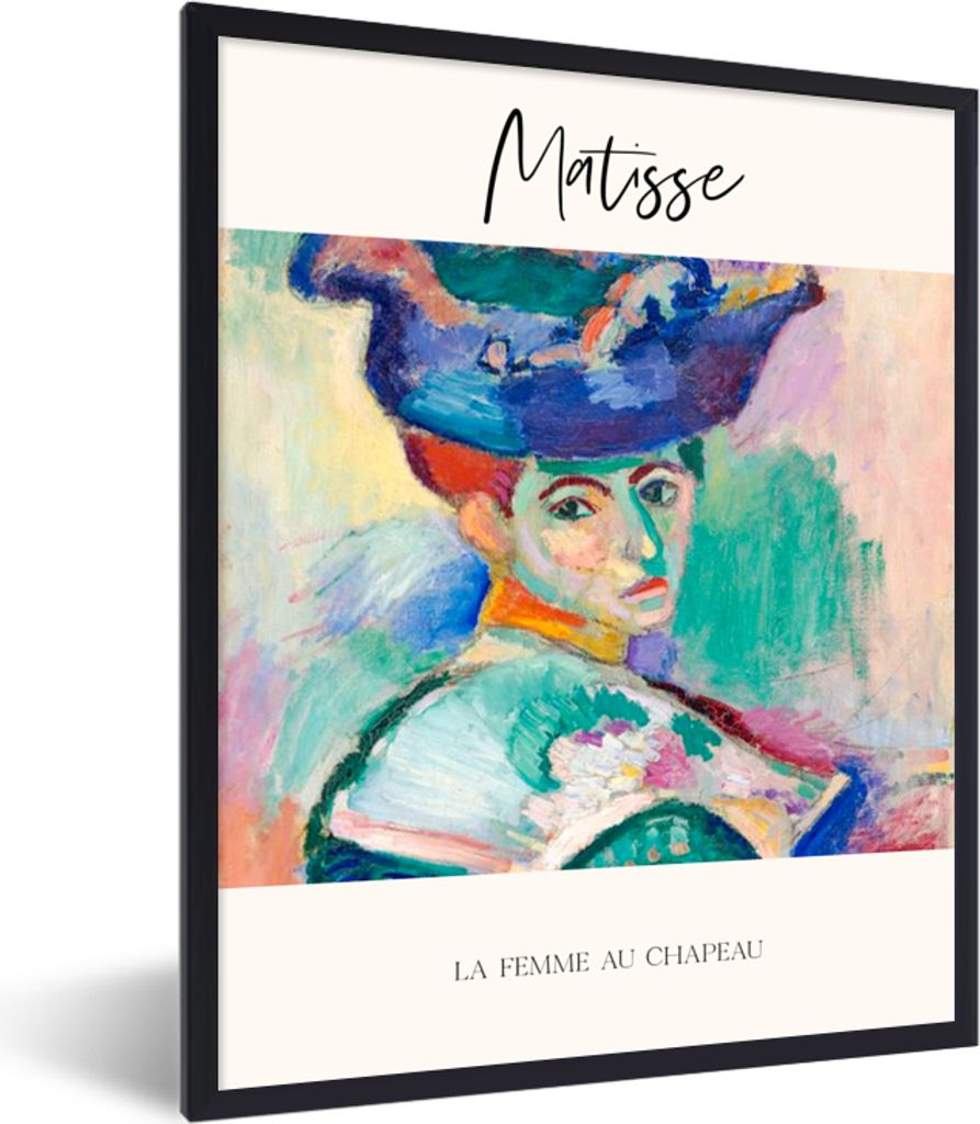 MuchoWow Gerahmtes Poster Matisse - Kunst - Die Frau mit dem Hut 60x80 cm - Poster mit Schwarzem Bilderrahmen Wandposter Rahmen Foto Bilder - Pre...