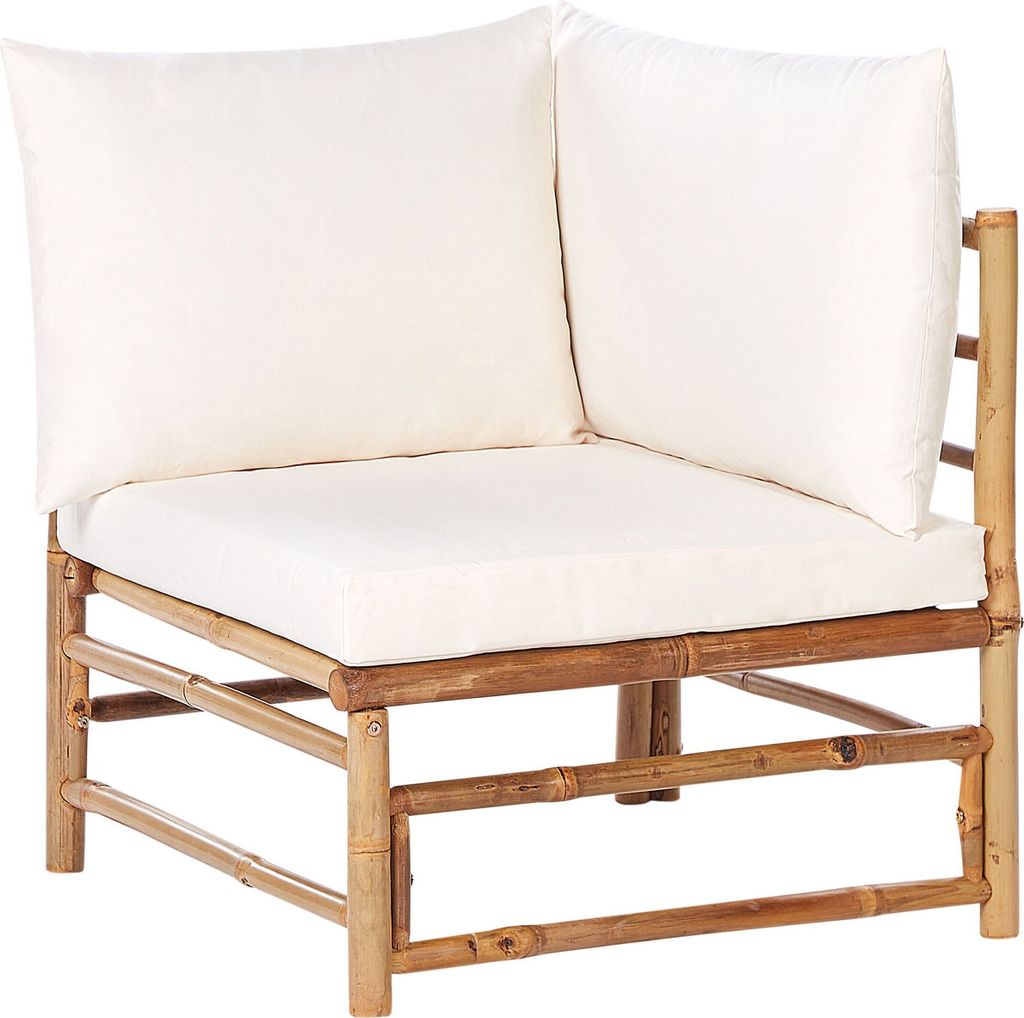 BELIANI Ecksessel Hellbraun und Cremeweiß Bambusholz mit Auflagen Kissen Boho Rustikal Modulares Eckteil Gartensessel Outdoor Terrasse Ausstattung