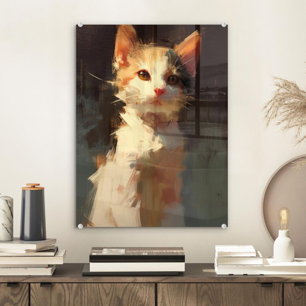 MuchoWow Glasbilder - Bilder auf Wandbild - Foto auf Glas Katze - Gemalt - Künstlerisch - Weiß 30x40 cm Wanddekoration aus Glas - Acrylglasbild -...