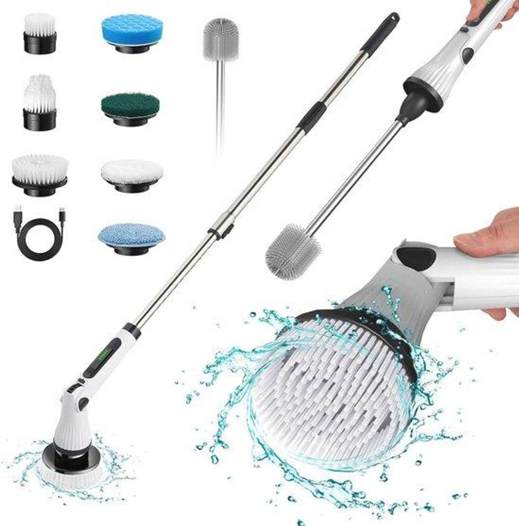 Elektrische Bad- und Toilettenreiniger mit 8 wechselbaren Bürstenköpfen und einem flexiblem Griffelement
